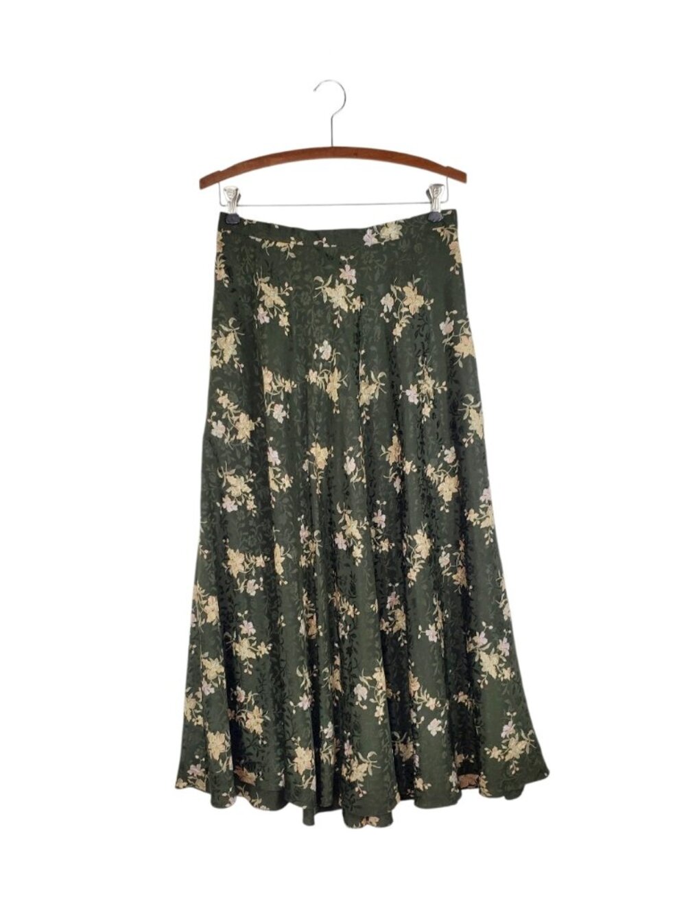 Jones New York Silk Maxi Skirt Dark Olive Green Floral Jacquard A-Line Womens 6